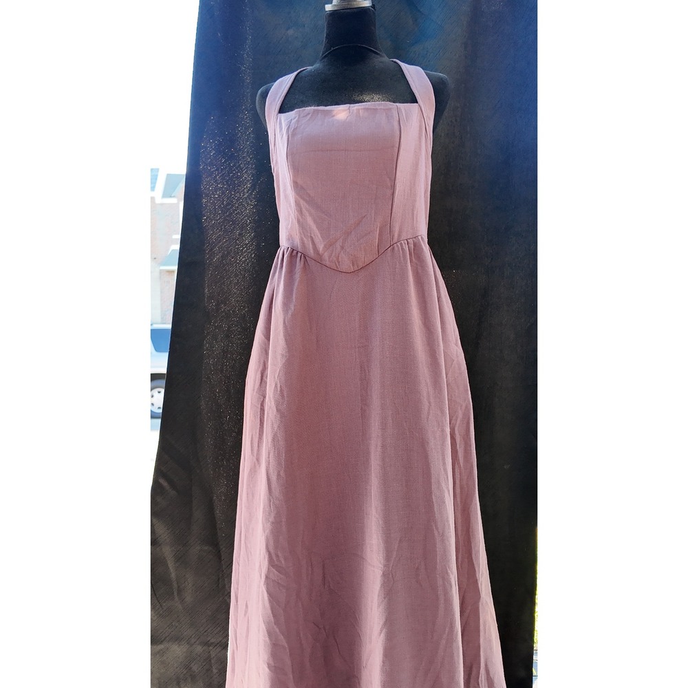 Mauve Pink Square Neck Basque Waist Maxi Dress Sleeveless Cottagecore Gown